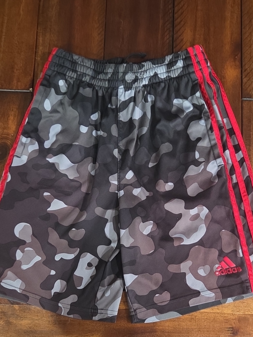 adidas youth Gray Camo Athletic Shorts with Red Stripe